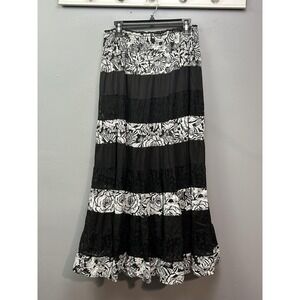 Lapis Skirt Womens Large Black White Floral Tiered Lace Boho Maxi Long